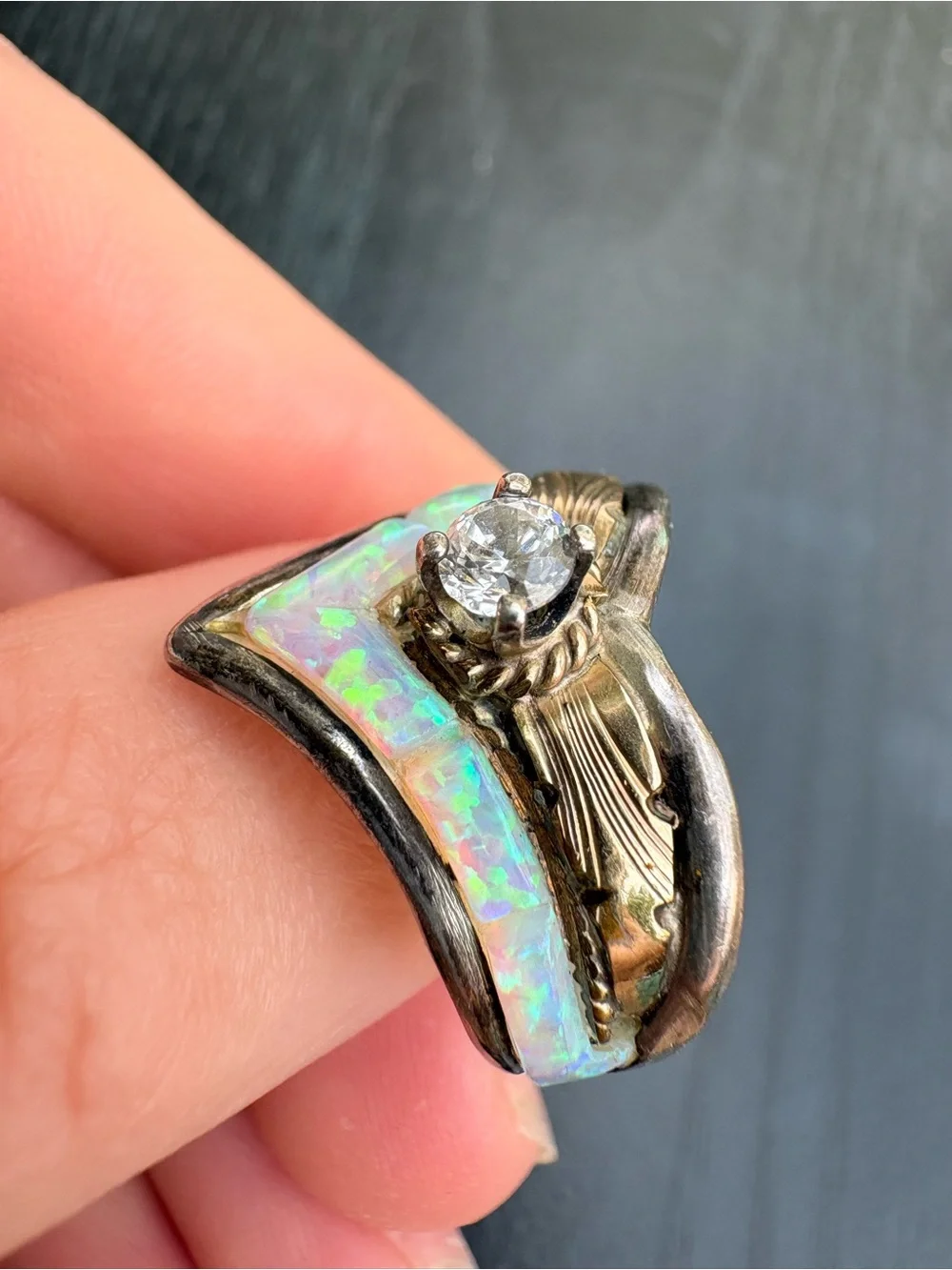 Vintage S. Ray Sterling Silver Ring with Opal and Clear Stone - Size 8.5